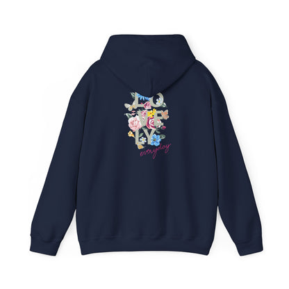 Fashionable navy blue hoodie featuring colourful floral motifs on the back with the phrase 'LOVELY everyday', perfectly blending comfort and style.