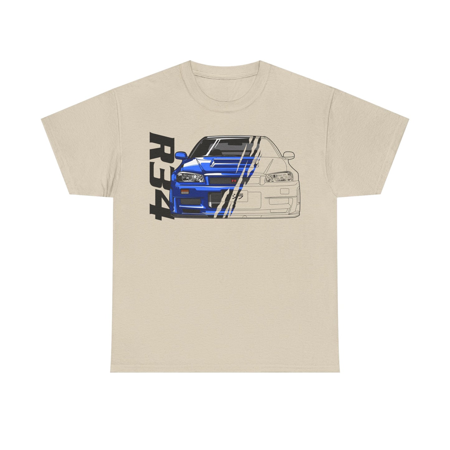 Elegant beige men's t-shirt featuring a stylish blue Nissan Skyline GT-R design, perfect for automotive enthusiasts and fashion-conscious individuals.
