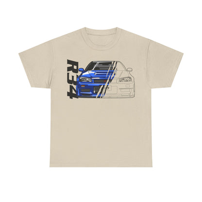Elegant beige men's t-shirt featuring a stylish blue Nissan Skyline GT-R design, perfect for automotive enthusiasts and fashion-conscious individuals.