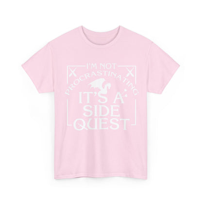 Luxury unisex graphic tee in light pink featuring the design 'It's A Side Quest'. The tee displays the text 'I'M NOT PROCRASTINATING' and a dragon, embodying medieval fantasy artistry.