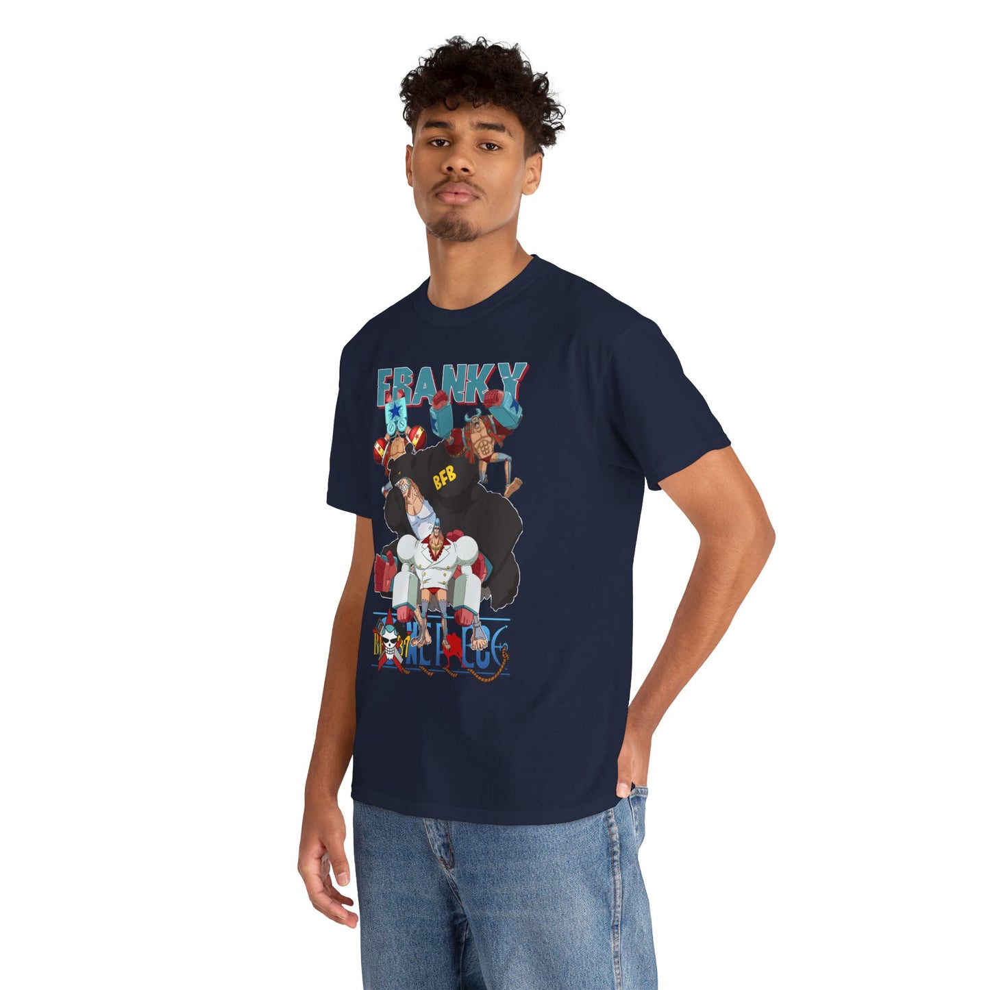 Fashionable model presenting a navy blue t-shirt adorned with lively anime characters, 'FRANKY', exuding confidence and style in an effortless, contemporary setting.