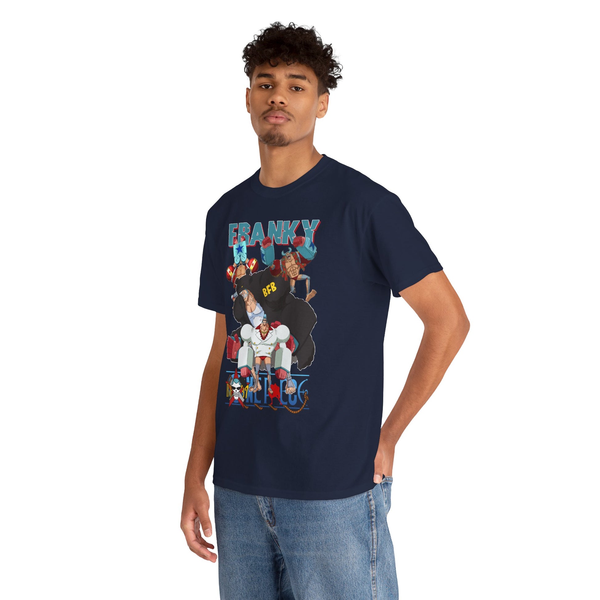 Fashionable model presenting a navy blue t-shirt adorned with lively anime characters, 'FRANKY', exuding confidence and style in an effortless, contemporary setting.