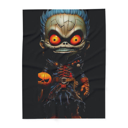 Elegant Decorative and Warm Halloween Spooky Arctic Fleece Blanket showcasing a captivating zombie-like figure with vibrant orange eyes, a chic addition for holiday festivities.