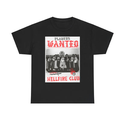 Sophisticated black cotton t-shirt adorned with a retro Hellfire Club design, showcasing the phrase 'PLAYERS WANTED,' perfect for fans of the renowned Stranger Things aesthetic.