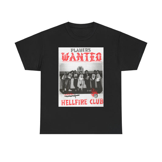 Sophisticated black cotton t-shirt adorned with a retro Hellfire Club design, showcasing the phrase 'PLAYERS WANTED,' perfect for fans of the renowned Stranger Things aesthetic.