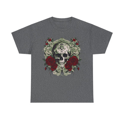 Skulls and Roses Cotton Tee in charcoal grey, featuring an intricate graphic of a skull surrounded by red roses, perfect for a luxurious yet edgy fashion statement.