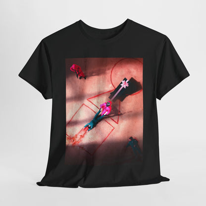 Luxury black unisex graphic t-shirt showcasing a dramatic Squid Game scene, featuring vivid colours and striking imagery, perfect for bold fashion statements.