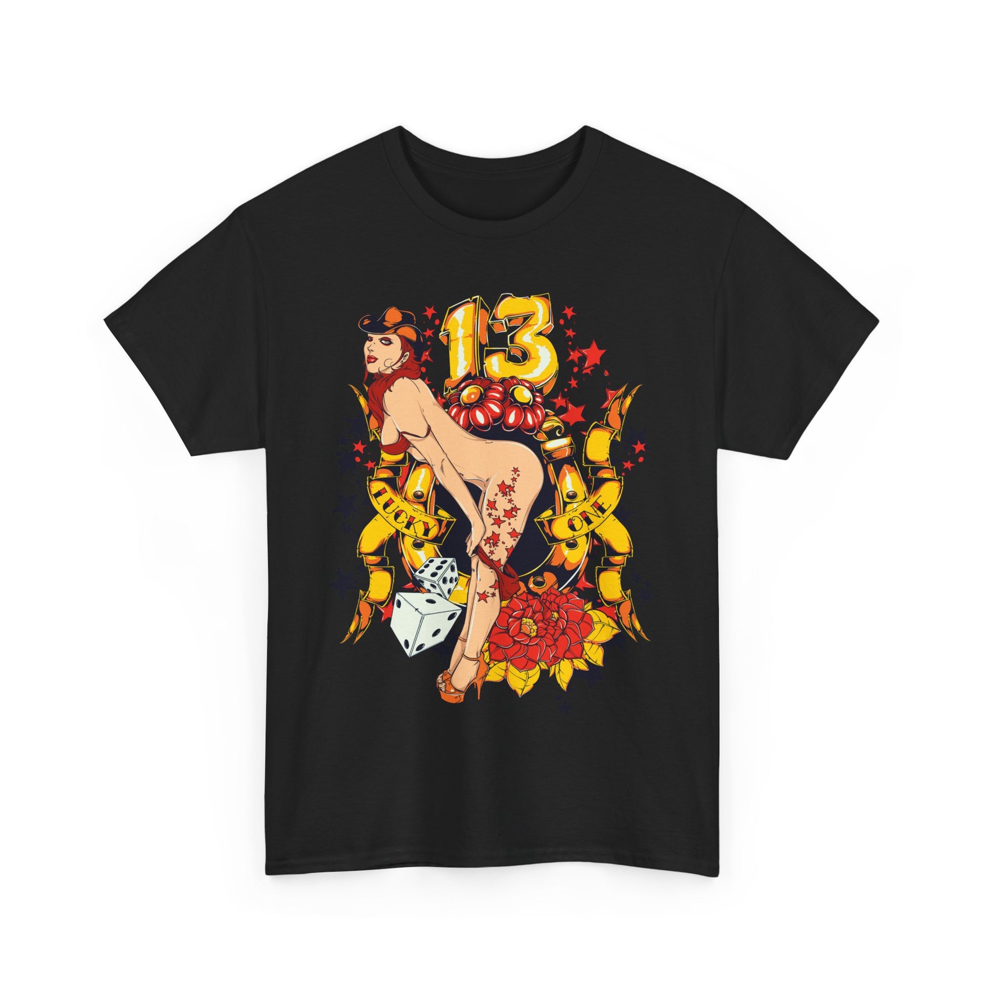 Casual wear of Dazzling Dreams Bold Gold 13 Cartoon Inspired Men's T-Shirt styled with jeans, showcasing the eye-catching cartoon design.