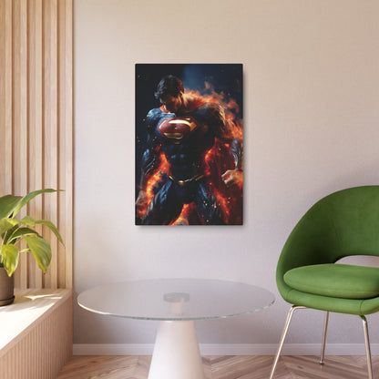 Superman Metal Art Poster - beautifully displayed in a modern living space, illustrating the iconic superhero with flames, perfect for inspiring and stylish wall decor.