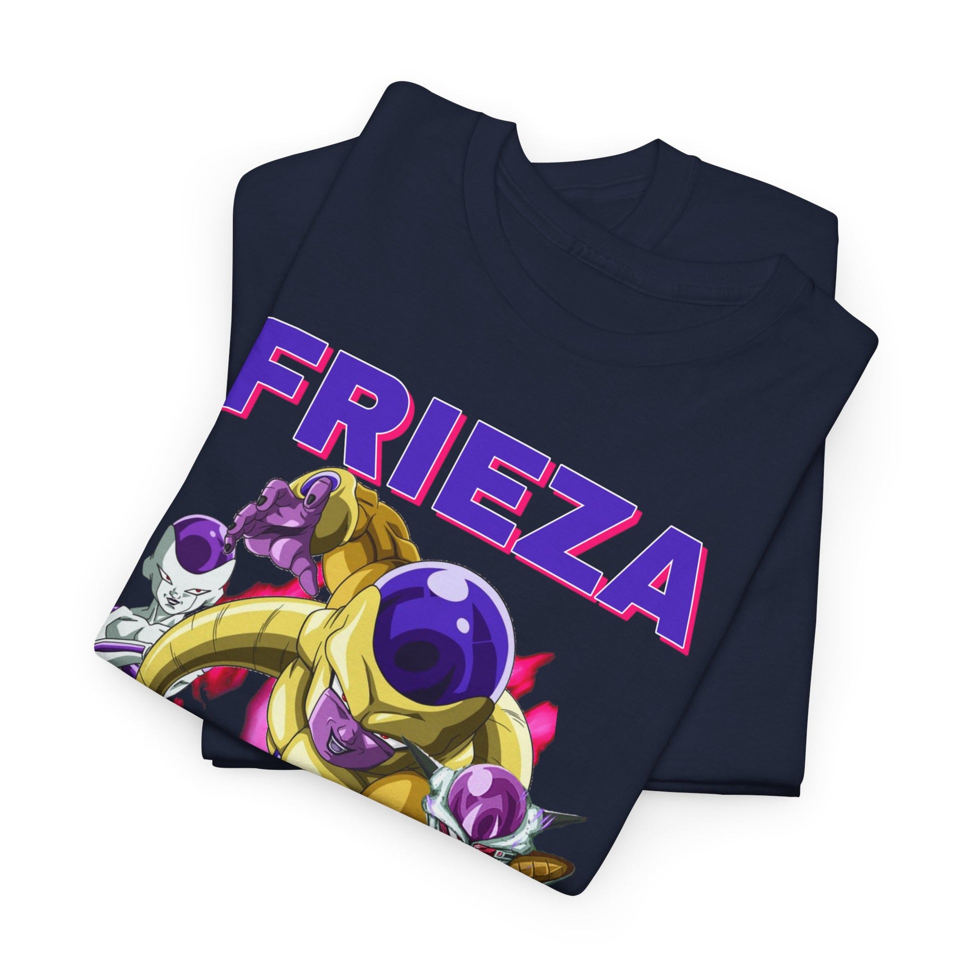 Luxurious navy blue t-shirt featuring vibrant Frieza graphic from Dragon Ball Z, enhanced by bold typography declaring 'FRIEZA', ideal for stylish anime enthusiasts.