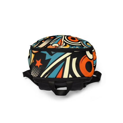 Model wearing the Dazzling Dreams Studio Chic Pop Art Backpack, styled effortlessly for a chic urban look, combining vintage and modern aesthetics.