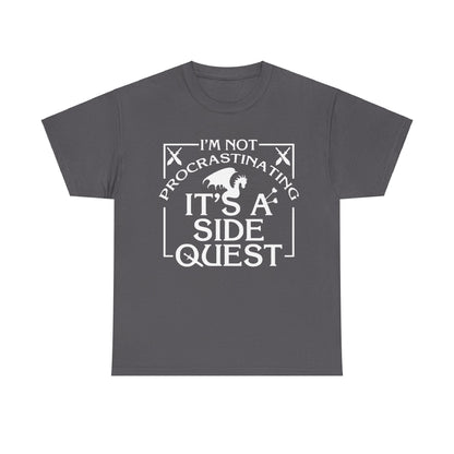 Luxury Unisex Graphic Tee: "It's A Side Quest" in a slate shade, with eye-catching white text and a stylized dragon, perfect for casual wear with a fantasy flair.