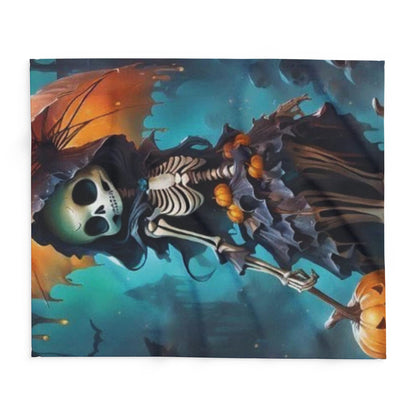 Close-up view of the Decorative and Warm Halloween Spooky Arctic Fleece Blanket showcasing its detailed skeleton artwork set against a mystical blue and orange background.