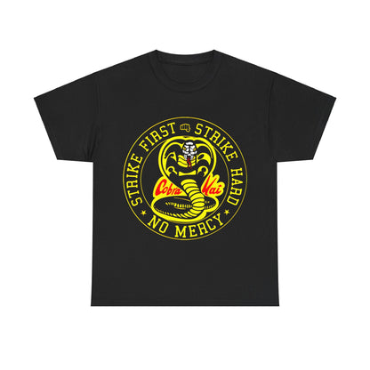 Cobra Kai Graffiti Graphic Unisex T-Shirt in black with vibrant yellow and red cobra emblem, showcasing the motto 'Strike First, Strike Hard, No Mercy'. A luxurious streetwear piece for fans of the iconic series.