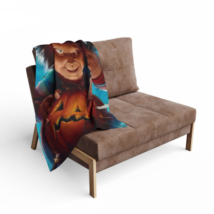 Decorative and Warm Halloween Chucky Spooky Arctic Fleece Blanket draped over a stylish chair, presenting a luxurious and spooky addition to your Halloween decor.