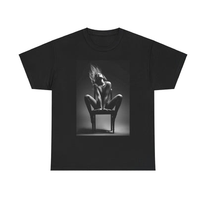 Stylish black cotton t-shirt showcasing a striking grayscale image of a fearless woman in a provocative pose, perfect for making a fashion statement.