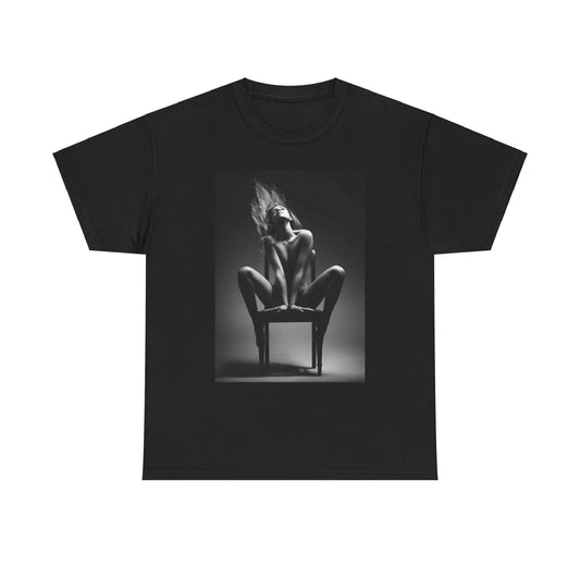Stylish black cotton t-shirt showcasing a striking grayscale image of a fearless woman in a provocative pose, perfect for making a fashion statement.