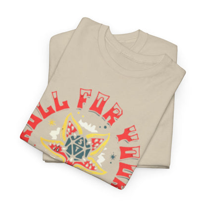 Luxurious unisex graphic t-shirt featuring 'ROLL FOR YOUR LIFE' design with intricate creature illustration, showcasing vibrant hues and retro elements.