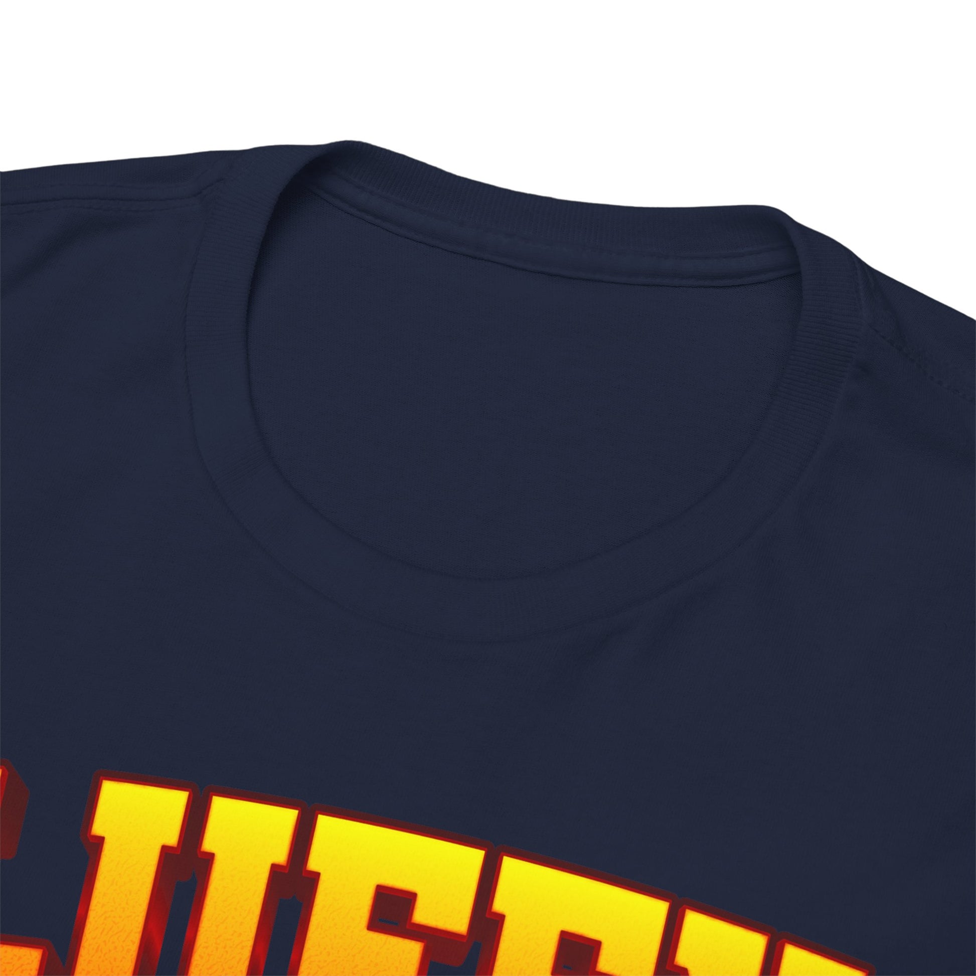 Close-up of the neckline of a luxurious navy blue Luffy graphic t-shirt, showcasing vibrant yellow lettering.