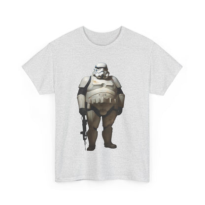 Chubby Stormtrooper Graphic Unisex Graphic Tee Shirt in soft grey, featuring a bold illustration of a jovial Stormtrooper in beige armour.