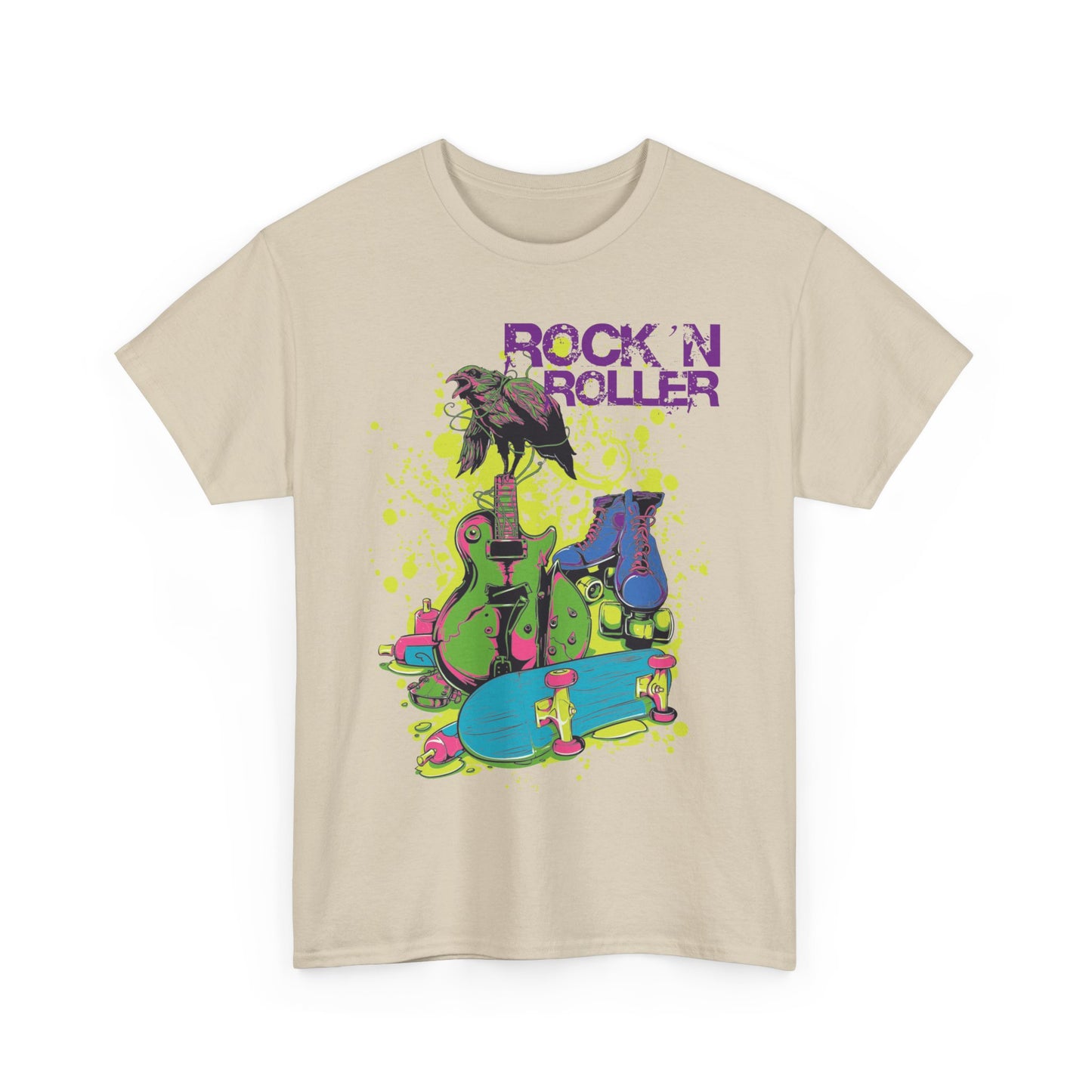 Vivid front display of the Riff & Roll men's t-shirt featuring a striking graphic of a crow on a guitar, bursting with vibrant colours and rock-inspired elements.