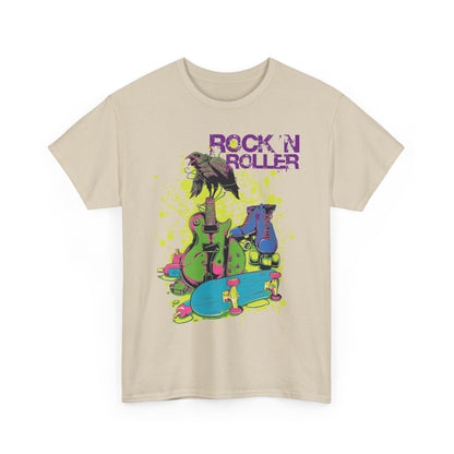 Vivid front display of the Riff & Roll men's t-shirt featuring a striking graphic of a crow on a guitar, bursting with vibrant colours and rock-inspired elements.