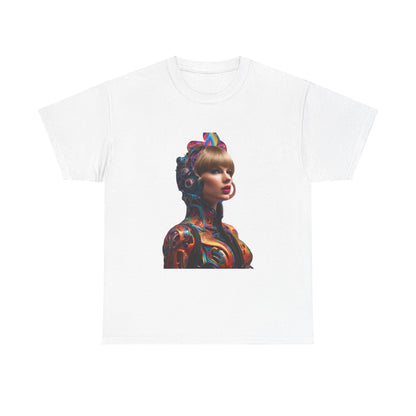 Elegant Swifties psychedelic Taylor Swift Heavy Cotton Tee in white with a striking psychedelic design featuring Taylor Swift.