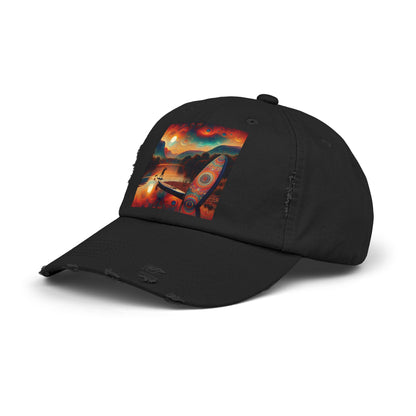 Chic Unisex Distressed Paddleboarders Cap in black, adorned with a breathtaking paddleboarding scene, designed for paddleboard enthusiasts seeking luxury sun protection.