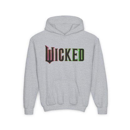 Childs Wicked Movie Graphic Pullover Hoodie in grey, adorned with the striking 'Wicked' logo design, a must-have for children embracing chic and creative wardrobes.