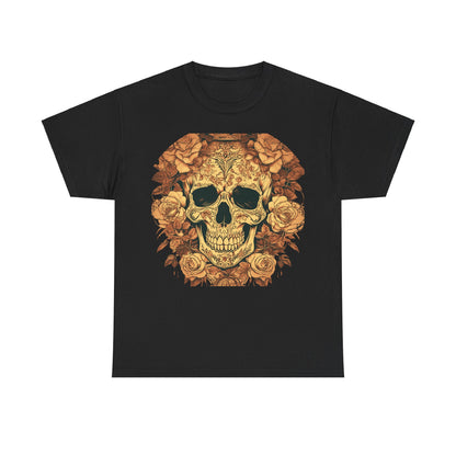 Sophisticated Skulls and Roses Cotton Tee in black, adorned with a bold steampunk skull and floral motif, perfect for making a fashion statement.