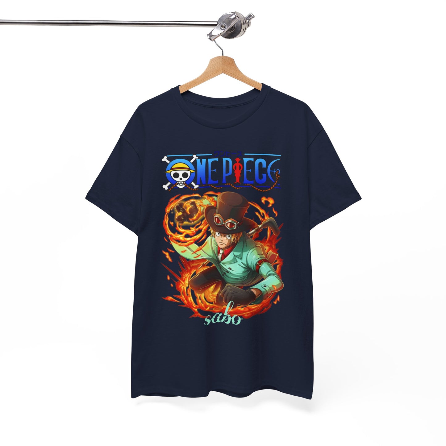 Elegant hanging navy t-shirt featuring Sabo from One Piece in a dramatic pose, ideal for showcasing fandom in a high-end wardrobe.