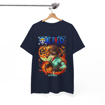 Elegant hanging navy t-shirt featuring Sabo from One Piece in a dramatic pose, ideal for showcasing fandom in a high-end wardrobe.
