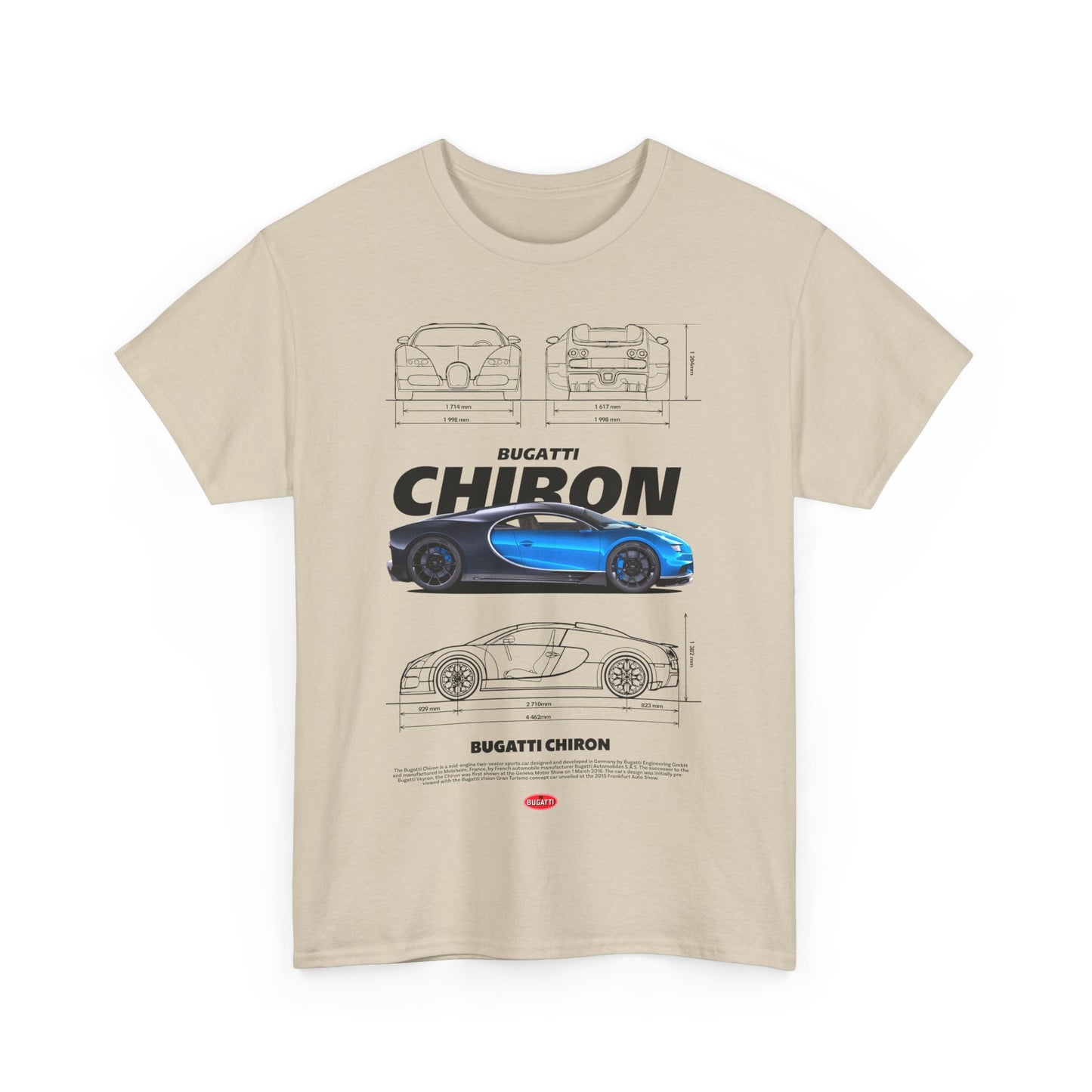 Luxury Bugatti Chiron graphic t-shirt showcasing detailed car blueprints and dimensions, designed for automotive enthusiasts.