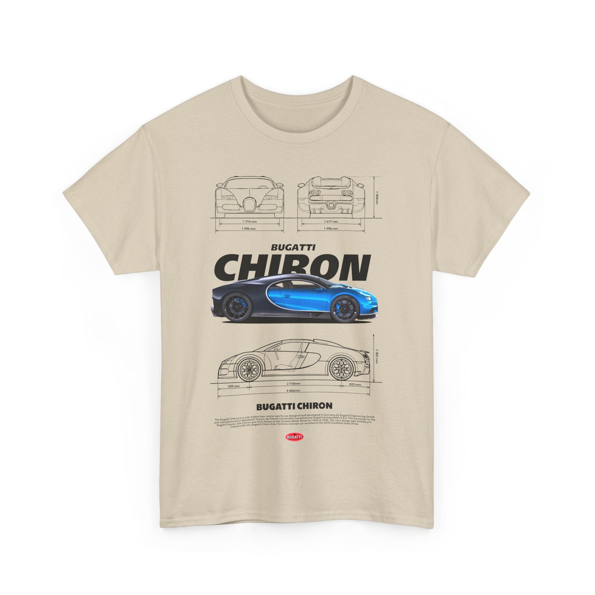 Luxury Bugatti Chiron graphic t-shirt showcasing detailed car blueprints and dimensions, designed for automotive enthusiasts.
