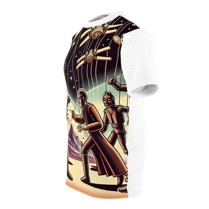 Close-up of Dazzling Dreams Studio Intergalactic Marionette Wars T-Shirt, highlighting intricate puppet illustrations and retro aesthetic for the discerning sci-fi enthusiast.