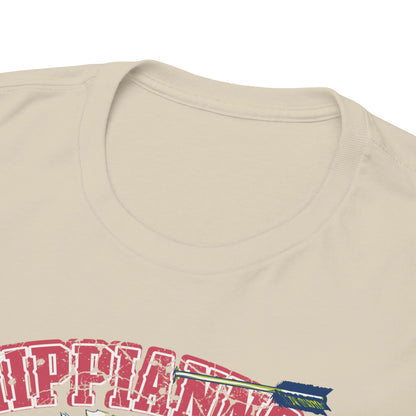 Close-up of the neckline and branding of a luxurious Native American graphic t-shirt, featuring a bold wolf headdress design with artisan touches.