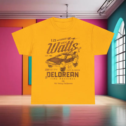 Delorean Back to the Future Graphic T-Shirt in vibrant yellow displaying a unique retro graphic and the Delorean car, perfect for making a fashion statement.