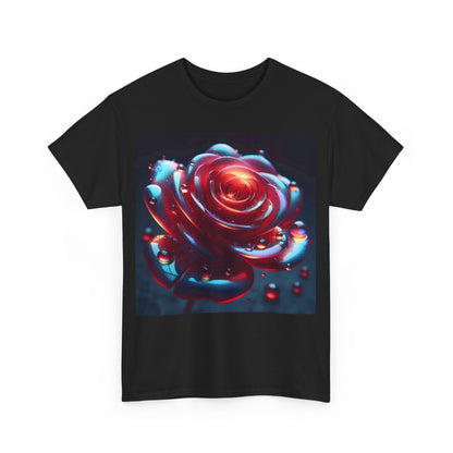 Ethereal Rose Unisex Graphic T-Shirt featuring an iridescent floral design on a luxurious black backdrop, highlighting a stunning, intricately designed rose with vibrant colours and delicate droplet details.
