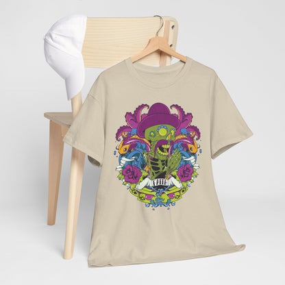 Vibrant Skeleton T-Shirt elegantly displayed with a chic white cap on a wooden chair, showcasing an artistic design with floral and aquatic motifs.