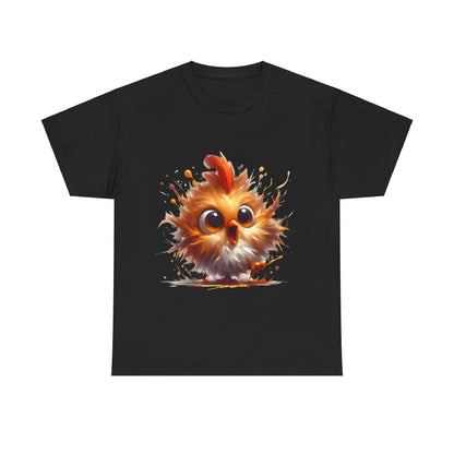 Explosive Joy Tee - Cartoon Bird Edition - Unisex Cotton Tee featuring a dynamic illustration of a fluffy, cartoon-like orange bird against a black background, radiating joy and playfulness.