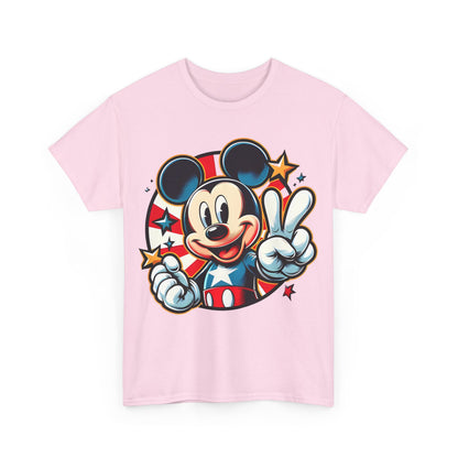 Front view of a luxury unisex Mickey Mouse Pop Art Graphic Tee Shirt in pink, showcasing a detailed illustration of Mickey Mouse with a playful smile and peace sign, surrounded by stars.
