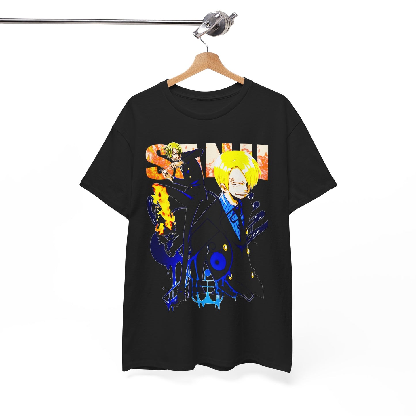 Elegant black t-shirt with captivating anime graphics hung on a stylish display, representing the fusion of chic fashion and anime culture.