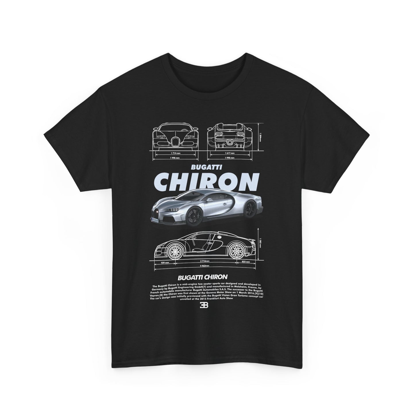 Premium Bugatti Chiron men's t-shirt featuring a striking graphic design showcasing the sleek Bugatti Chiron car with technical sketches, perfect for car enthusiasts.