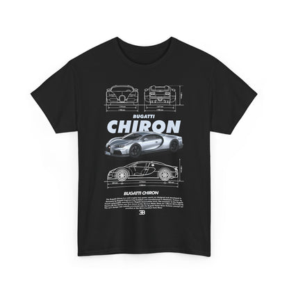Premium Bugatti Chiron men's t-shirt featuring a striking graphic design showcasing the sleek Bugatti Chiron car with technical sketches, perfect for car enthusiasts.