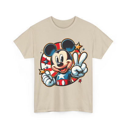 Charming front view of the Mickey Mouse Pop Art Graphic unisex graphic tee shirt, displaying an artistic rendition of Mickey Mouse with a playful expression in a soft beige fabric.