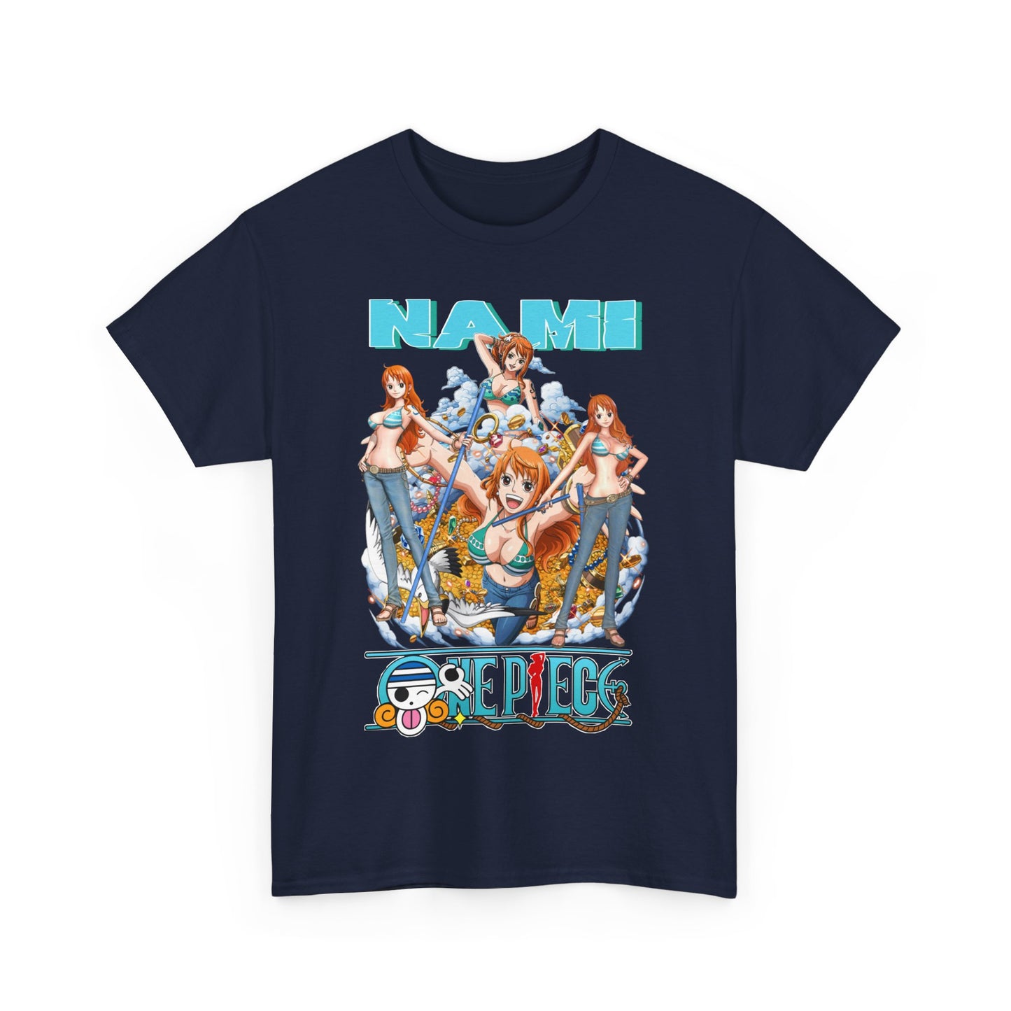 Elegant navy blue t-shirt featuring a Nami graphic from One Piece, designed to accentuate both style and fandom, ideal for those who appreciate anime culture with a luxurious flair.