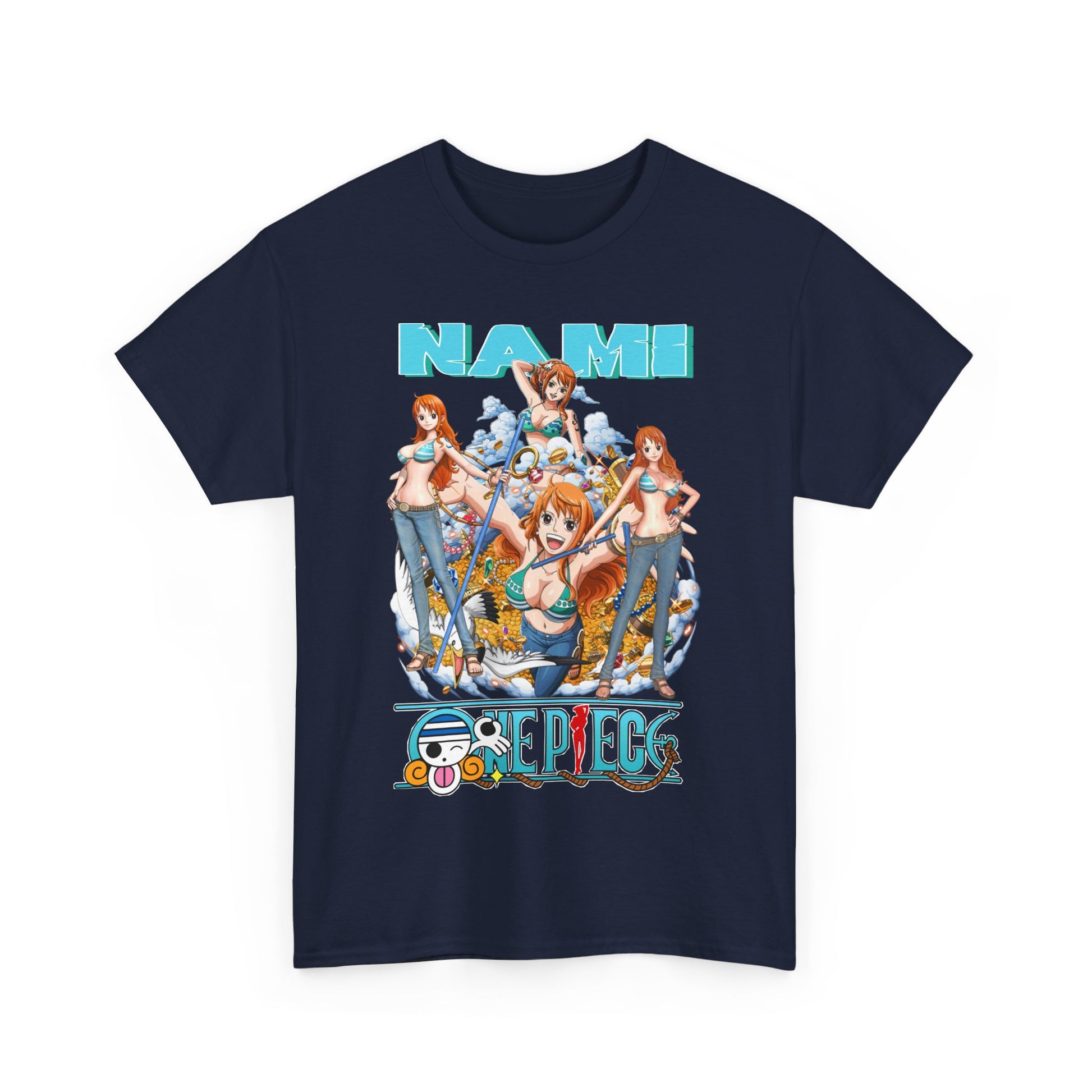 Elegant navy blue t-shirt featuring a Nami graphic from One Piece, designed to accentuate both style and fandom, ideal for those who appreciate anime culture with a luxurious flair.