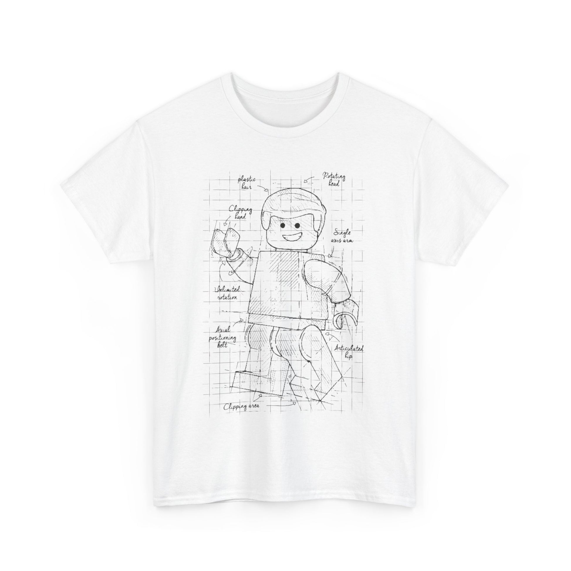 Elegant front view of a white men's t-shirt featuring a meticulously sketched articulated Lego figure blueprint design, ideal for creative enthusiasts.