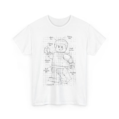 Elegant front view of a white men's t-shirt featuring a meticulously sketched articulated Lego figure blueprint design, ideal for creative enthusiasts.