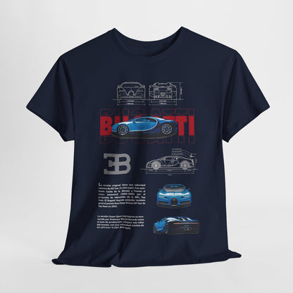 Bugatti Chiron Men's T-Shirt displayed flat, showcasing an elegant design with detailed drawings of the supercar and bold 'BUGATTI' branding, perfect for car enthusiasts.